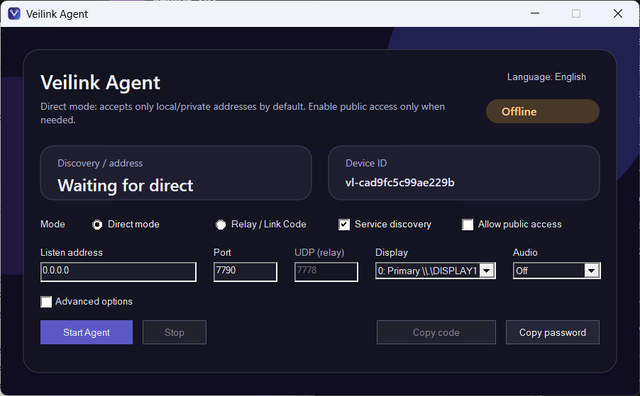 Veilink Agent interface