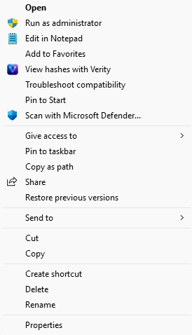 Verity context menu screenshot