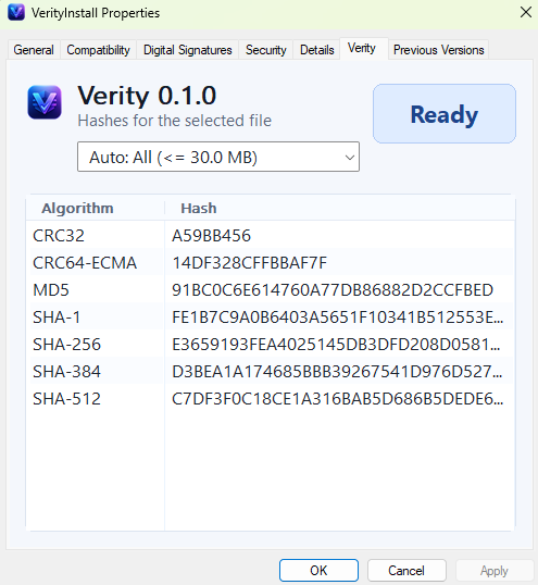 Verity Explorer property page screenshot